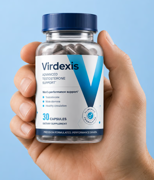Virdexis 30-capsule supplement bottle held in a hand
